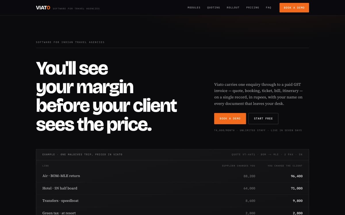 Viato's home page, showing a quote with supplier cost and client price on every line